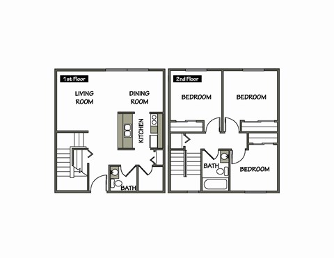 Floor plan for 3 beds, 2 baths, 1130 sqft